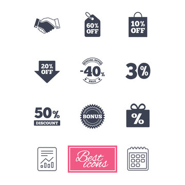Sale discounts icon. Shopping, handshake and bonus signs. 20, 30, 40 and 50 percent off. Special offer symbols. Report document, calendar icons. Vector