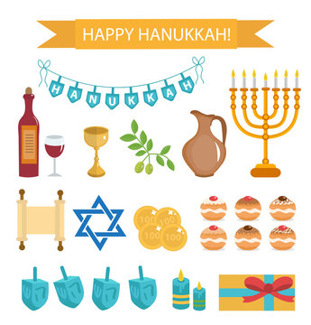 Hanukkah set of cartoon icons. Hanukkah Icons with Menorah, Torah, Sufganiyot, Olives and Dreidel. Happy Hanukkah Festival of Lights, flat icons, design elements. Vector illustration