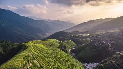 Acrylic prints Aerial photo Top view or aerial shot of fresh green and yellow rice fields.Longsheng or Longji Rice Terrace in Ping An Village, Longsheng County, China.