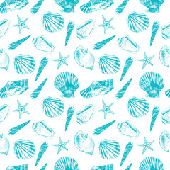 Seashells hand drawn vector graphic etching sketch isolated on white background, seamless pattern, underwater artistic marine blue texture, design for greeting card, decorative textile, water fabric