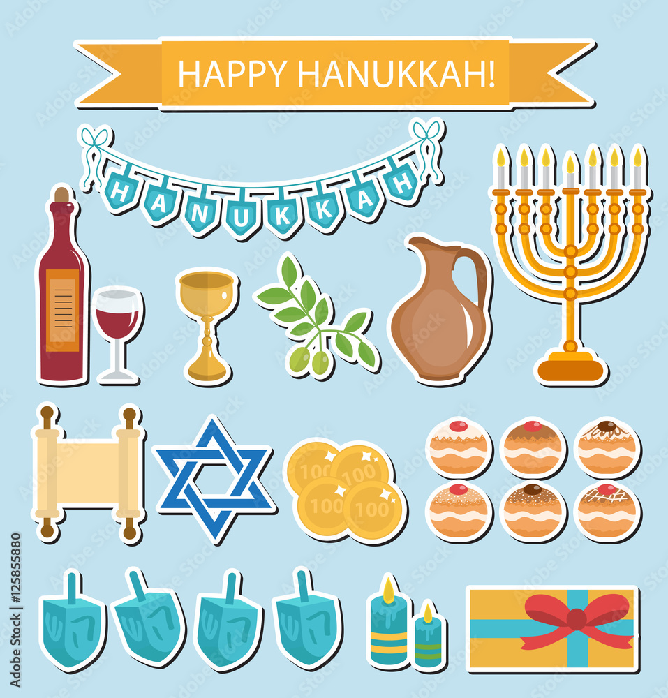 Wall mural hanukkah sticker pack. hanukkah icons with menorah, torah, sufganiyot, olives and dreidel. happy han