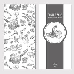 Vector cards, banners with hand drawn sketch vegetables, mushrooms, olive, peppers, onion isolated on white, vector seamless pattern for used in organic food industry, healthy market, restaurant menu