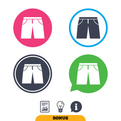 Men's Bermuda shorts sign icon. Clothing symbol. Report document, information sign and light bulb icons. Vector