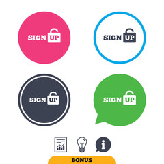 Sign up sign icon. Registration symbol. Lock icon. Report document, information sign and light bulb icons. Vector
