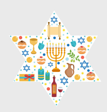 Set icons of Hanukkah, Happy Hanukkah. Hanukkah greeting card. Cartoon icons flat style. Traditional symbols of Jewish culture. Vector illustration.