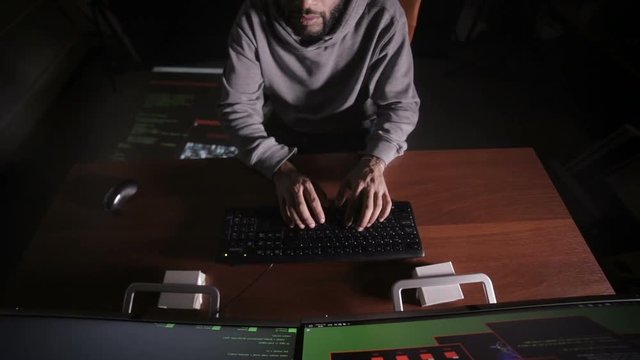 Arabic IT specialist working on computer at night. Hacker breaking computer code. HD.