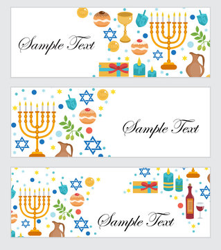 Happy Hanukkah, banners set. Hanukkah Jewish Festival of Lights, Feast of Dedication. Hanukkah set banners with space for text. Vector illustration