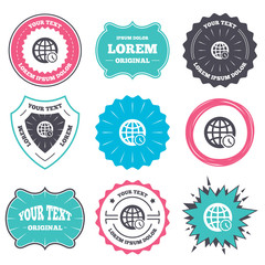 Label and badge templates. World time sign icon. Universal time globe symbol. Retro style banners, emblems. Vector