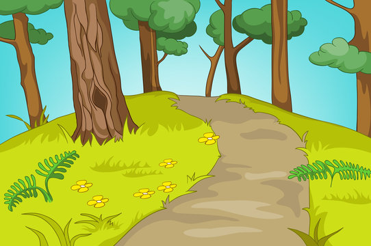 Cartoon background of forest landscape.