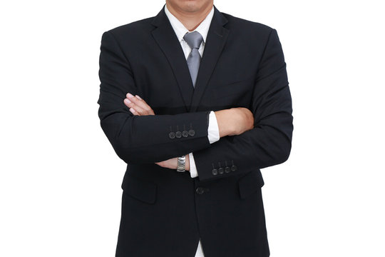 Business man arms crossed and think isolated white background as vision of leader and interview concept.