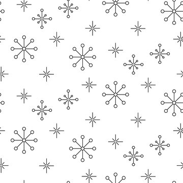 Vintage Snowflake Simple Seamless Pattern. Thin Line Black And White Winter Holiday Vector Pattern.