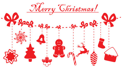 Christmas and New Year red decoration hanging on a rope. Vector illustrations isolated on white background.