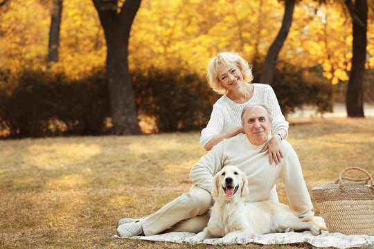 Senior couple and big dog sitting on grass in park