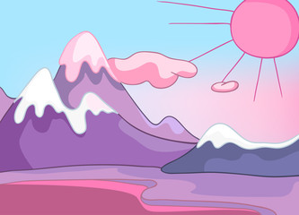 Cartoon background of snowy mountains.