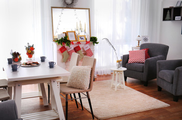 Interior of living room decorated for Christmas