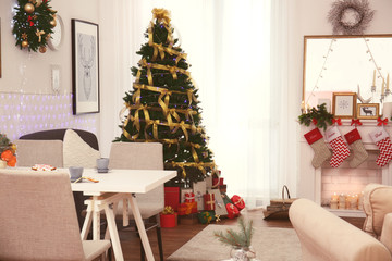 Interior of living room decorated for Christmas