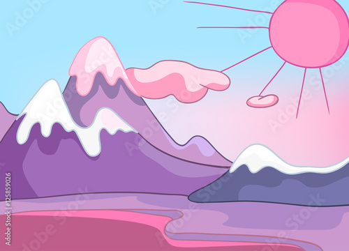 "Cartoon background of snowy mountains." Stock photo and royalty-free