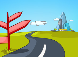 Cartoon background of road leading to city.