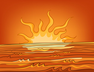 Cartoon background of sunset landscape.