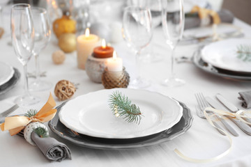 Table served for Christmas dinner, close up view