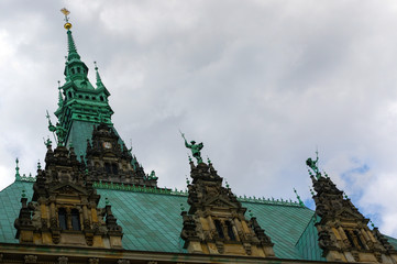 HAMBURG, GERMANY - JULY 18, 2015: Exterior view of the town hall. The German Rathaus was built 1897...