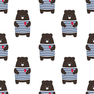 French style bear seamless pattern. Cute cartoon parisian teddy bear vector illustration. Child drawing style animal background. Design for fabric, textile etc.