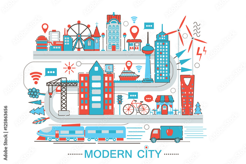 Poster modern modern smart city graphic flat line design style infographics concept of global network techn