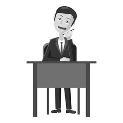 Businessman working at table icon. Gray monochrome illustration of businessman working at table vector icon for web