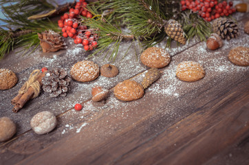 New Year Decoration with Pine Branches, Oatmeal Cookies, Gingerb