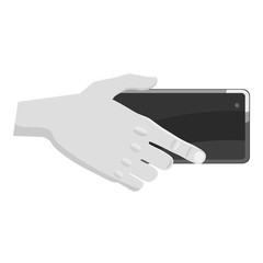 Hand holding mobile phone icon. Gray monochrome illustration of hand holding mobile phone vector icon for web