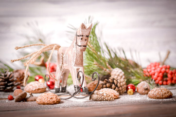 New Year Decoration with Vintage Wooden Horse