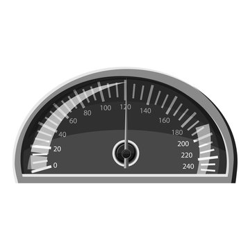 Speedometer 120 km in hour icon. Gray monochrome illustration of speedometer 120 km in hour vector icon for web