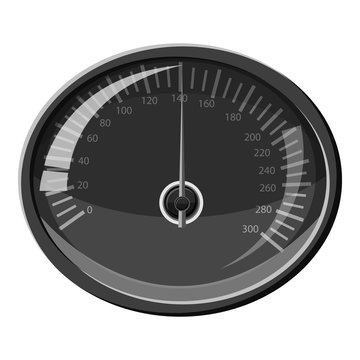 Speedometer 140 km in hour icon. Gray monochrome illustration of speedometer 140 km in hour vector icon for web
