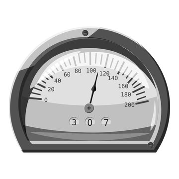 Small speedometer icon. Gray monochrome illustration of small speedometer vector icon for web
