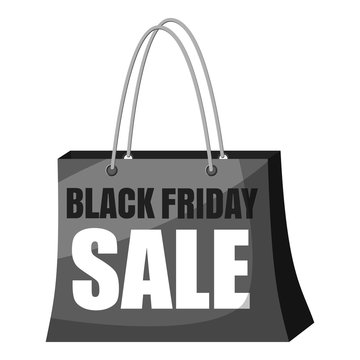 Black Friday Sale shopping bag icon. Gray monochrome illustration of shopping bag vector icon for web