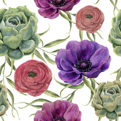 Watercolor floral seamless pattern. Watercolor illustration with eucalyptus leaves, anemone flowers, ranunculus and succulent isolated on white background. For design, textile and background.
