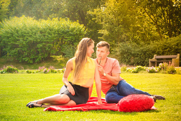 Couple with big heart on picnic