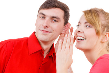 Woman telling man some secrets, couple talking