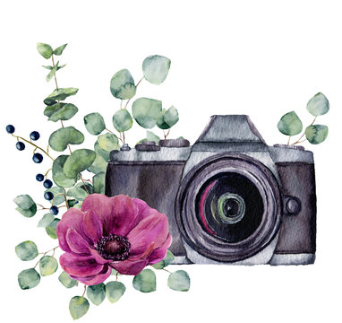 Watercolor photo label with anemone flower and eucalyptus. Hand drawn photo camera with floral design isolated on white background. For design, logo, prints or background