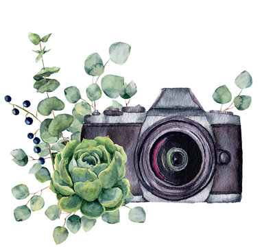 Watercolor photo label with succulent and eucalyptus. Hand drawn photo camera with floral design isolated on white background. For design, logo, prints or background
