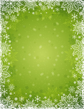 Green christmas background with  frame of snowflakes and stars,