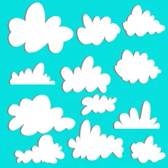 Selbstklebende Fototapeten Cute cartoon set of clouds on blue background for logo, web and print. Sky background. Graphic element vector. © kollibri
