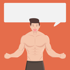 fitness muscular healthy man tell and explain something in dialog box on orange background