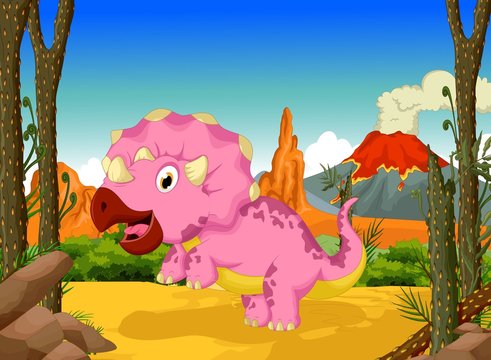 funny dinosaur cartoon in the jungle landscape background