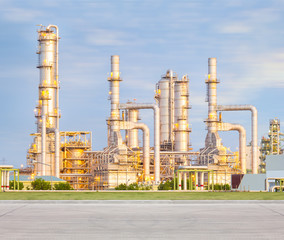 Oil gas refinery plant. May called petroleum, production or petrochemical plant. Industrial factory construction from engineering technology with steel pipe, pipeline, tank. Business for power energy.