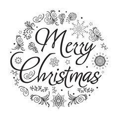 Merry Christmas. Hand drawn vector illustration. Black and white.