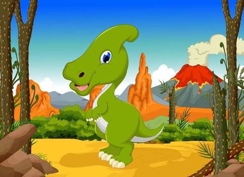 funny Dinosaur Parasaurolophus cartoon with forest landscape background