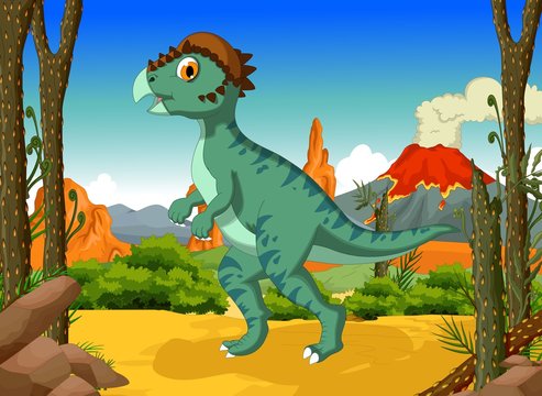 funny Dinosaur Stegoceras cartoon with forest landscape background