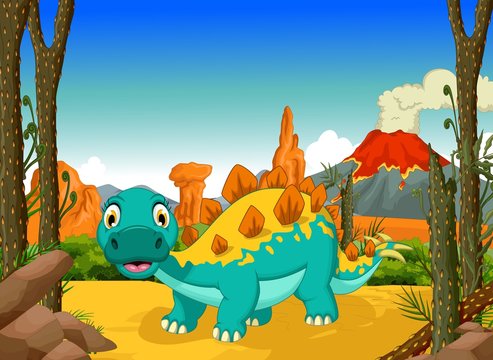 funny stegosaurus cartoon with forest landscape background
