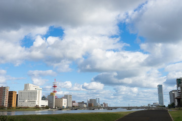 Fototapeta na wymiar 信濃川河川敷からの萬代橋と新潟の街並み風景